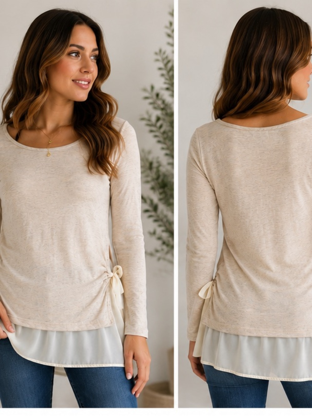 pebble and stone Beige Layered Side-Tie Long Sleeve Top